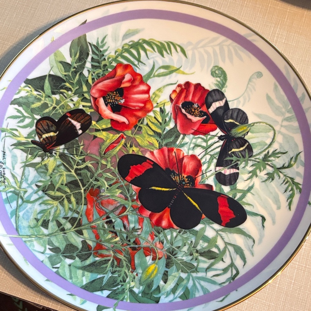 Crimson patched, long, giving Floral and Butterfly Decorative Plate.